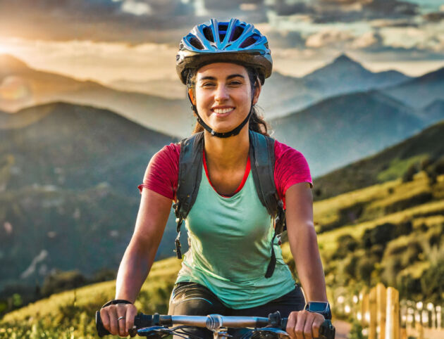 Firefly chica ciclista sonriendo, caucásica rubia, primer plano, europea, montada en bici, mirando a_out